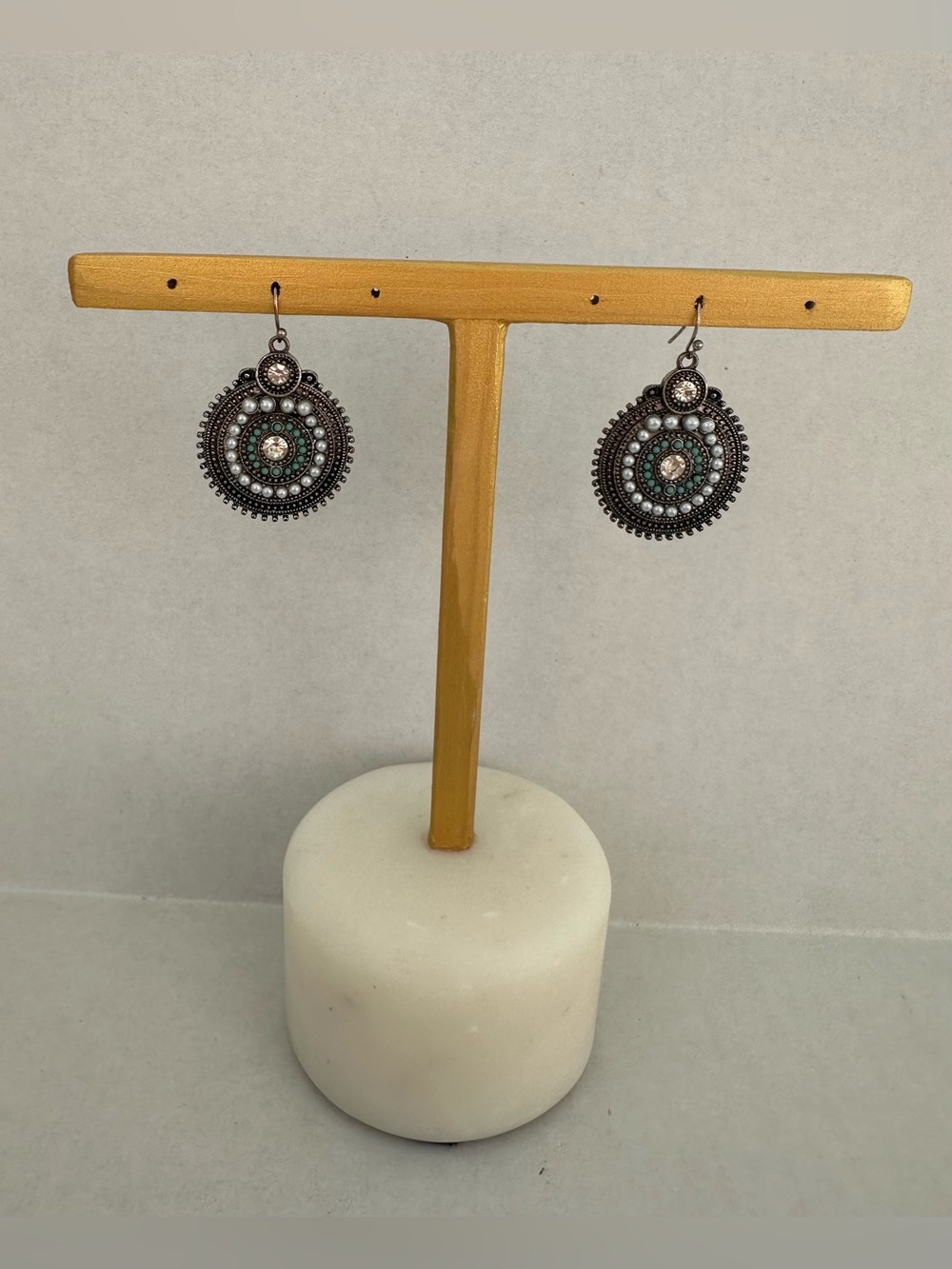 Silver-Tone Dangle Earrings with Rhinestone and Faux Pearl Embellishments